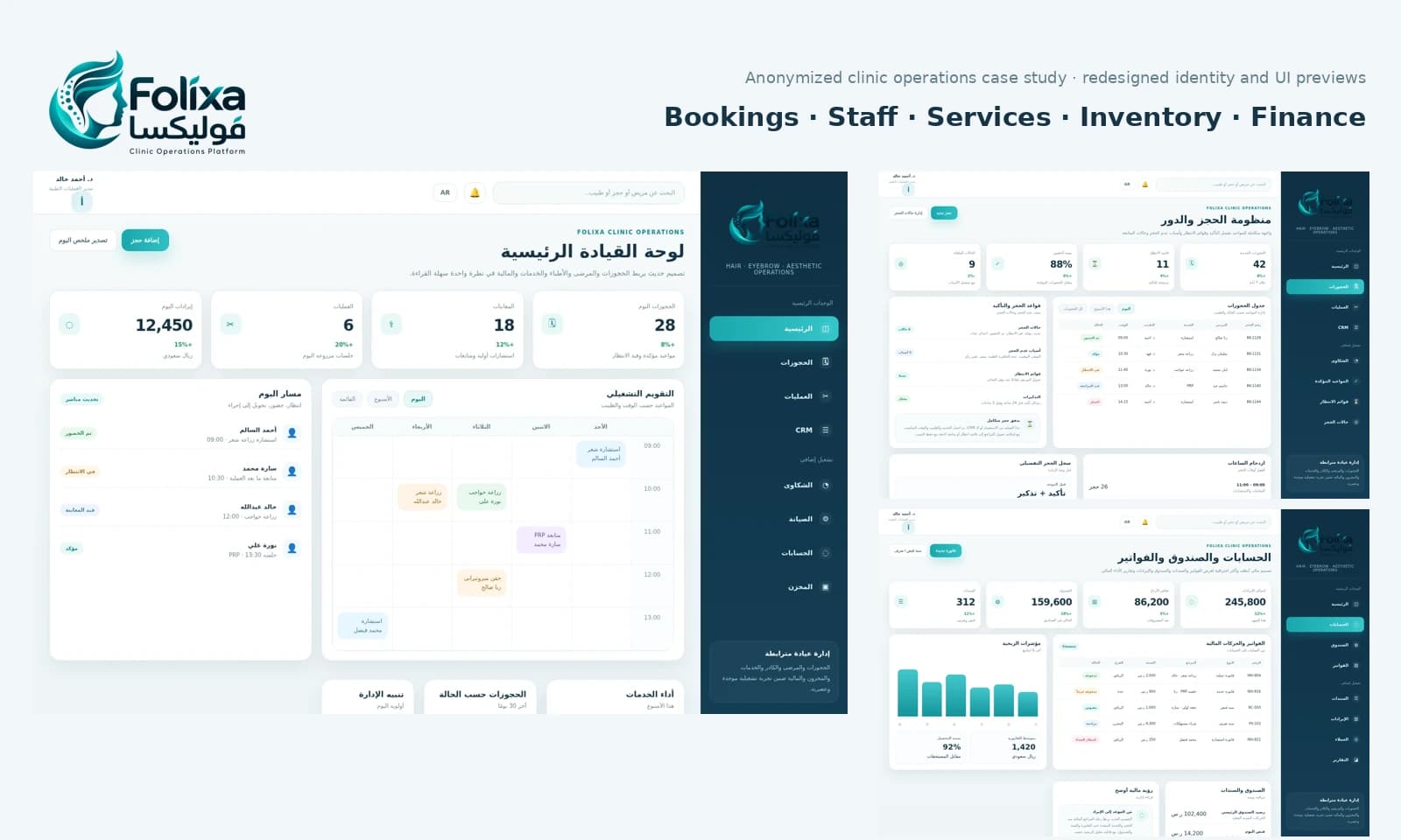Folixa · Clinic operations platform — system screens