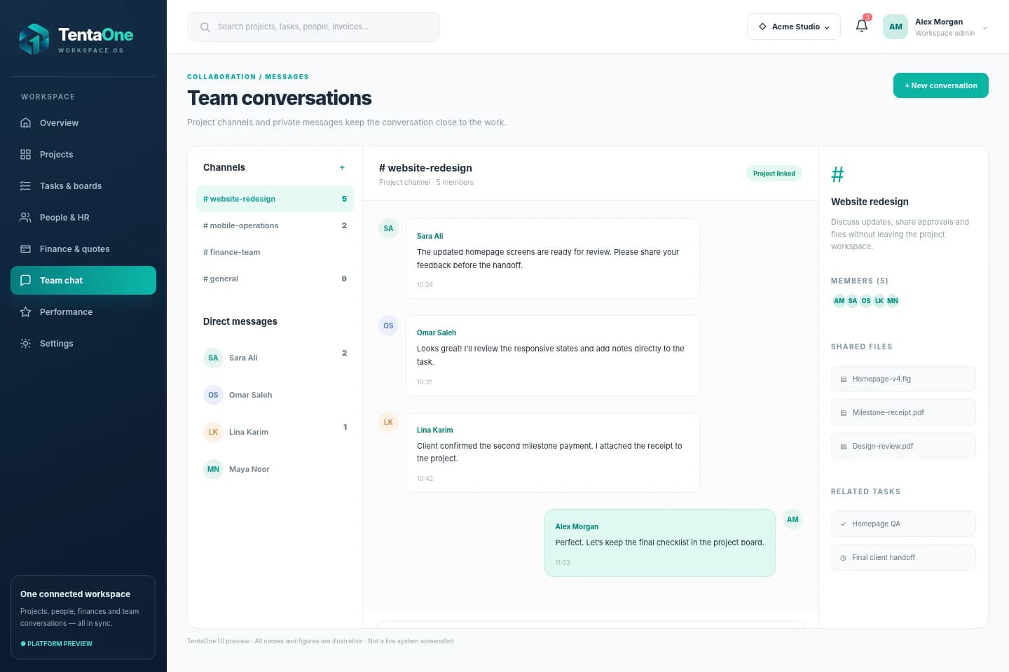 TentaOne — Project channels & private chat