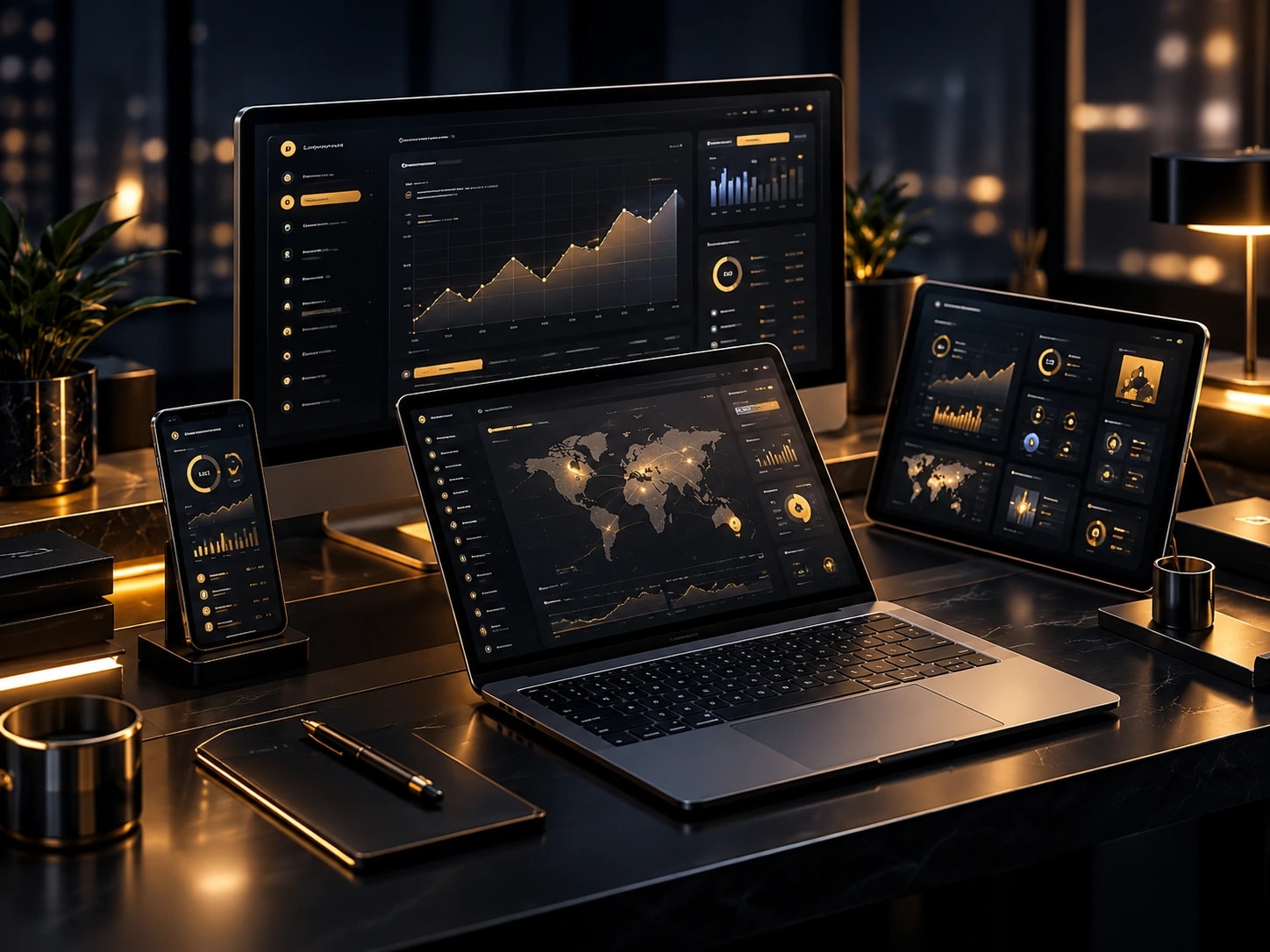 High-resolution dashboards and analytics software displayed across desktop, laptop, tablet and phone screens